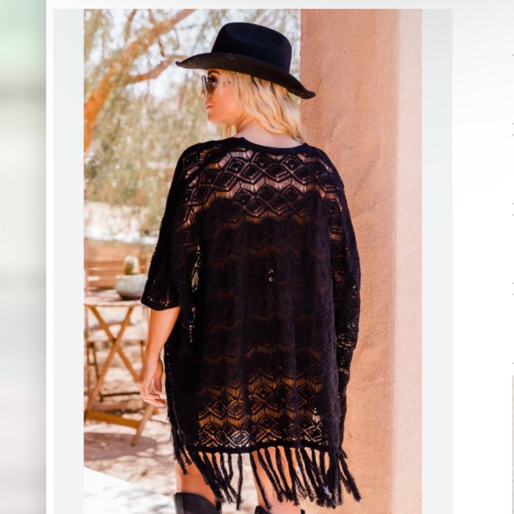 Vivid Black Fringe Crochet Cardigan Cover Sz 2X